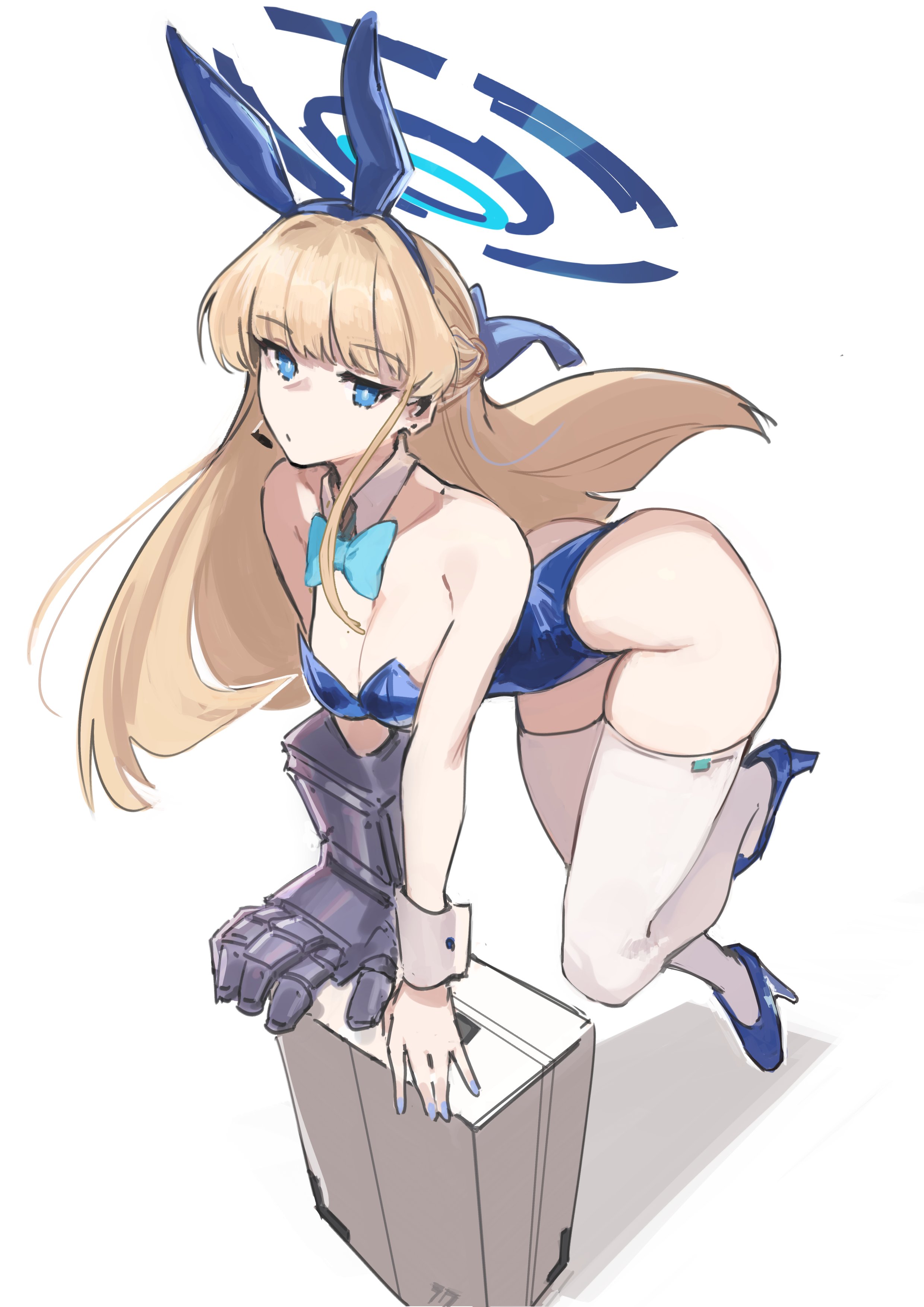 jonyeld, toki (blue archive), toki (bunny) (blue archive), blue archive, 1girl, blue eyes, blue leotard, leotard, playboy bunny, solo, thighhighs, white thighhighs