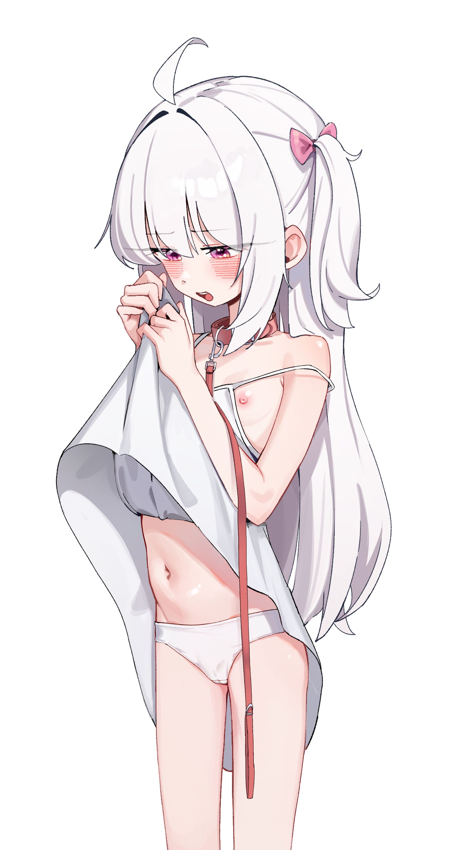 whonyang, original, absurdres, commission, highres, second-party source, 1girl, ahoge, blush, bow, clothes lift, collar, cowboy shot, dress, dress lift, flat chest, grey hair, hair bow, leash, lifting own clothes, long hair, navel, nipples, open mouth, panties, pink bow, pink eyes, simple background, sleeveless, sleeveless dress, solo, stomach, underwear, white background, white dress, white panties