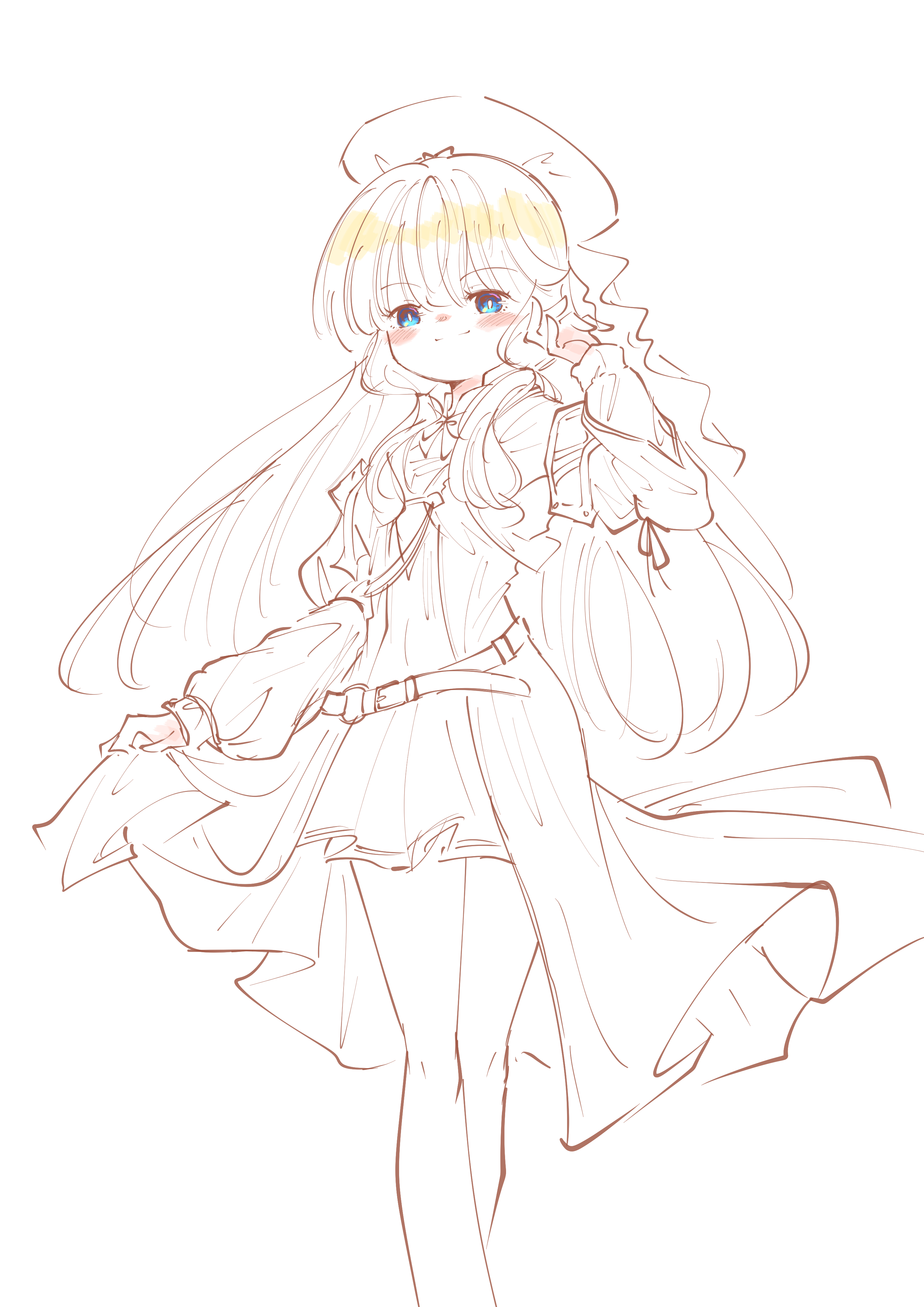 teisuu, tachihara sayu, assault lily, absurdres, commentary request, highres, 1girl, belt, belt buckle, beret, blonde hair, blue eyes, blush, bow, bowtie, bright pupils, buckle, closed mouth, crossed legs, dress, feet out of frame, hand up, hat, layered dress, long hair, long sleeves, looking at viewer, low-tied sidelocks, o-ring, o-ring belt, partially colored, school uniform, sidelocks, simple background, skirt hold, sleeve ribbon, smile, solo, standing, watson cross, white background, white pupils, yurigaoka girls academy school uniform