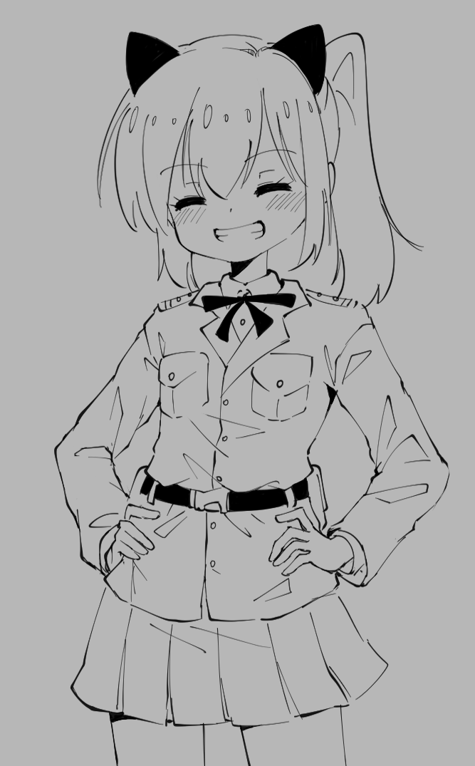 teisuu, ishikawa aoi, assault lily, commentary request, 1girl, :d, ^ ^, animal ears, belt, belt buckle, blush, breast pocket, buckle, cat ears, closed eyes, collared shirt, cowboy shot, epaulettes, facing viewer, fake animal ears, grey background, greyscale, grin, hair between eyes, hands on own hips, jacket, medium hair, miniskirt, monochrome, neck ribbon, open mouth, pleated skirt, pocket, ribbon, school uniform, shirt, side ponytail, simple background, skirt, smile, solo, standing