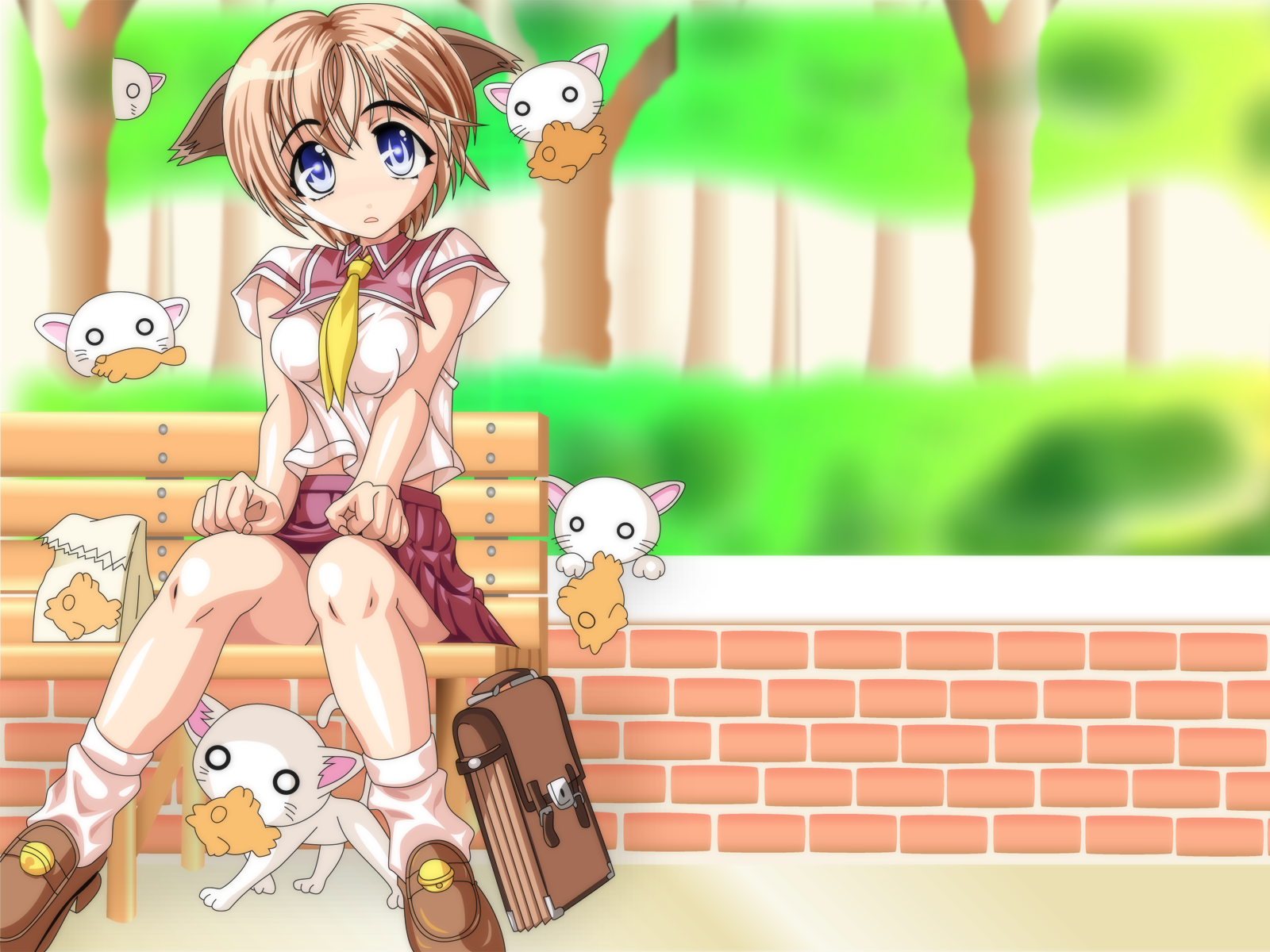 original, highres, animal ears, bench, cat, cat ears, food, pleated skirt, school uniform, serafuku, skirt, solo, taiyaki, wagashi