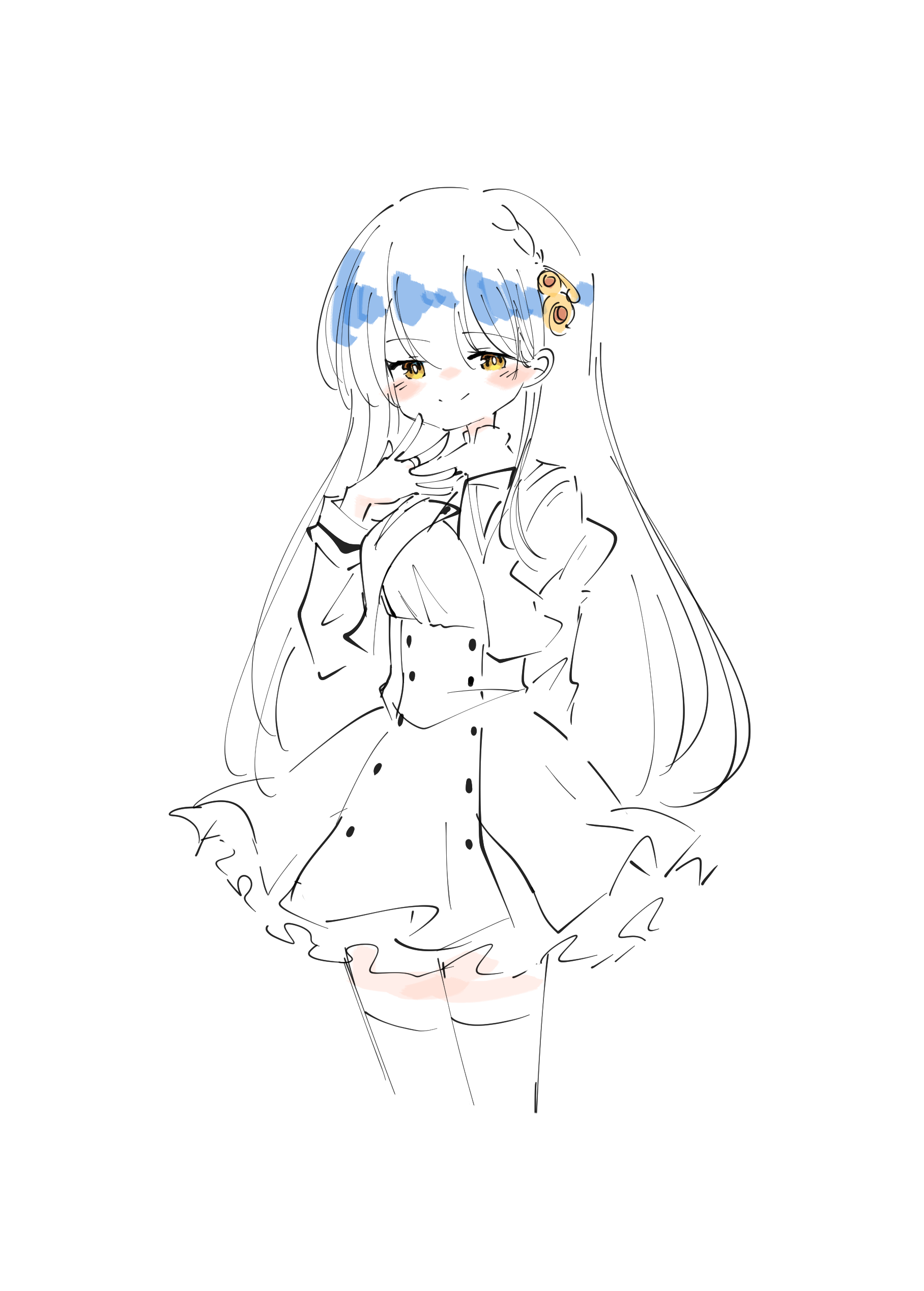 teisuu, assault lily, absurdres, commentary request, highres, 1girl, arm behind back, blue hair, blush, braid, bright pupils, closed mouth, cowboy shot, cropped jacket, cropped legs, hair behind ear, hair ornament, hand up, high-waist skirt, jewelry, juliet sleeves, long sleeves, looking at viewer, miniskirt, partially colored, puffy sleeves, ring, school uniform, shirt, simple background, single braid, skirt, smile, solo, standing, taniguchi hijiri, thighhighs, white background, white pupils, yellow eyes, yurigaoka girls academy school uniform