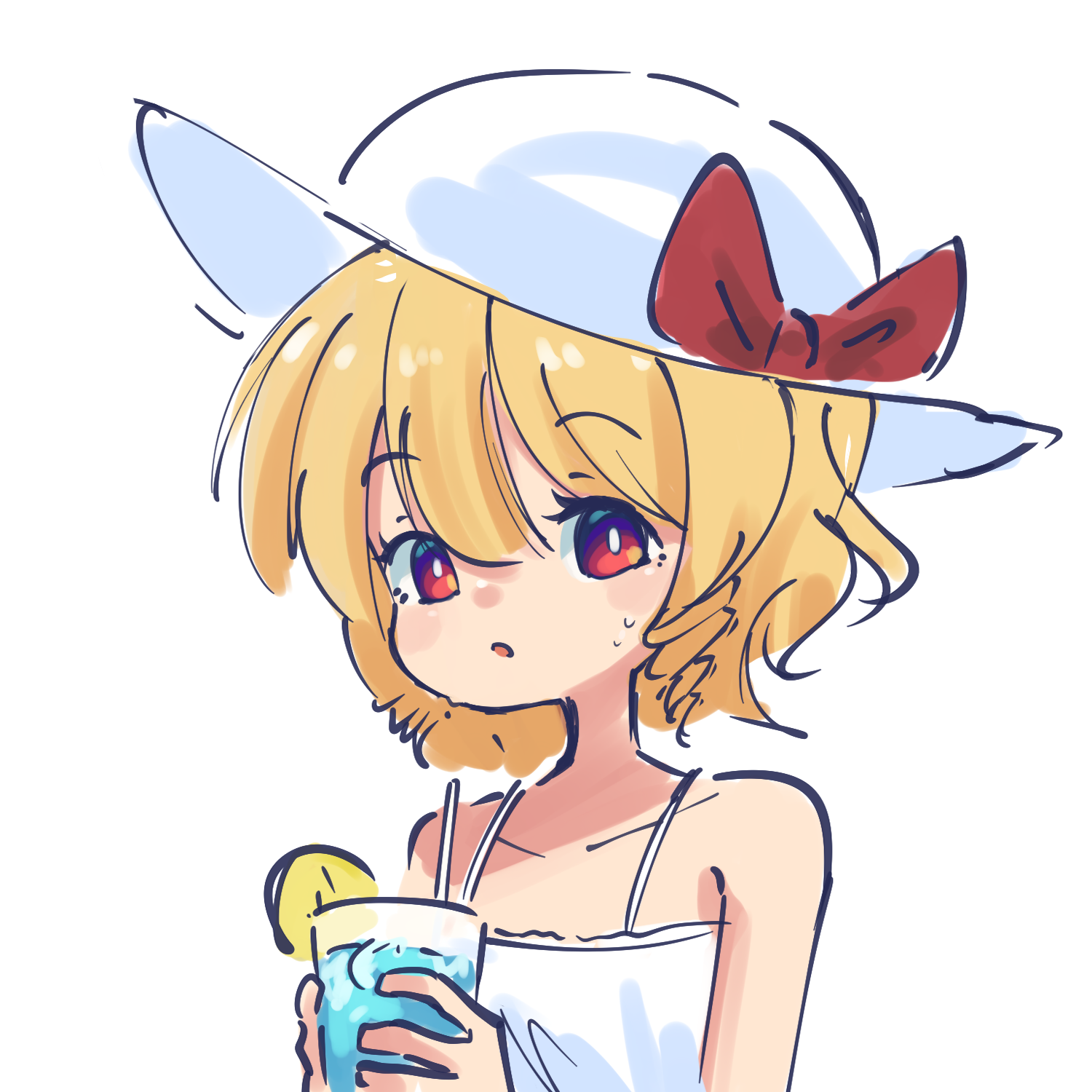 teisuu, imamura yukari (assault lily), assault lily, commentary request, highres, 1girl, bare shoulders, blonde hair, blush, bow, bright pupils, cocktail, collarbone, cup, drill hair, drill sidelocks, drinking glass, drinking straw, food, fruit, hair between eyes, hands up, hat, hat bow, holding, holding cup, lemon, lemon slice, looking at viewer, multicolored eyes, parted lips, purple eyes, red-framed eyewear, red bow, shirt, short hair, sidelocks, simple background, sleeveless, sleeveless shirt, solo, spaghetti strap, sweat, upper body, white background, white hat, white pupils, white shirt