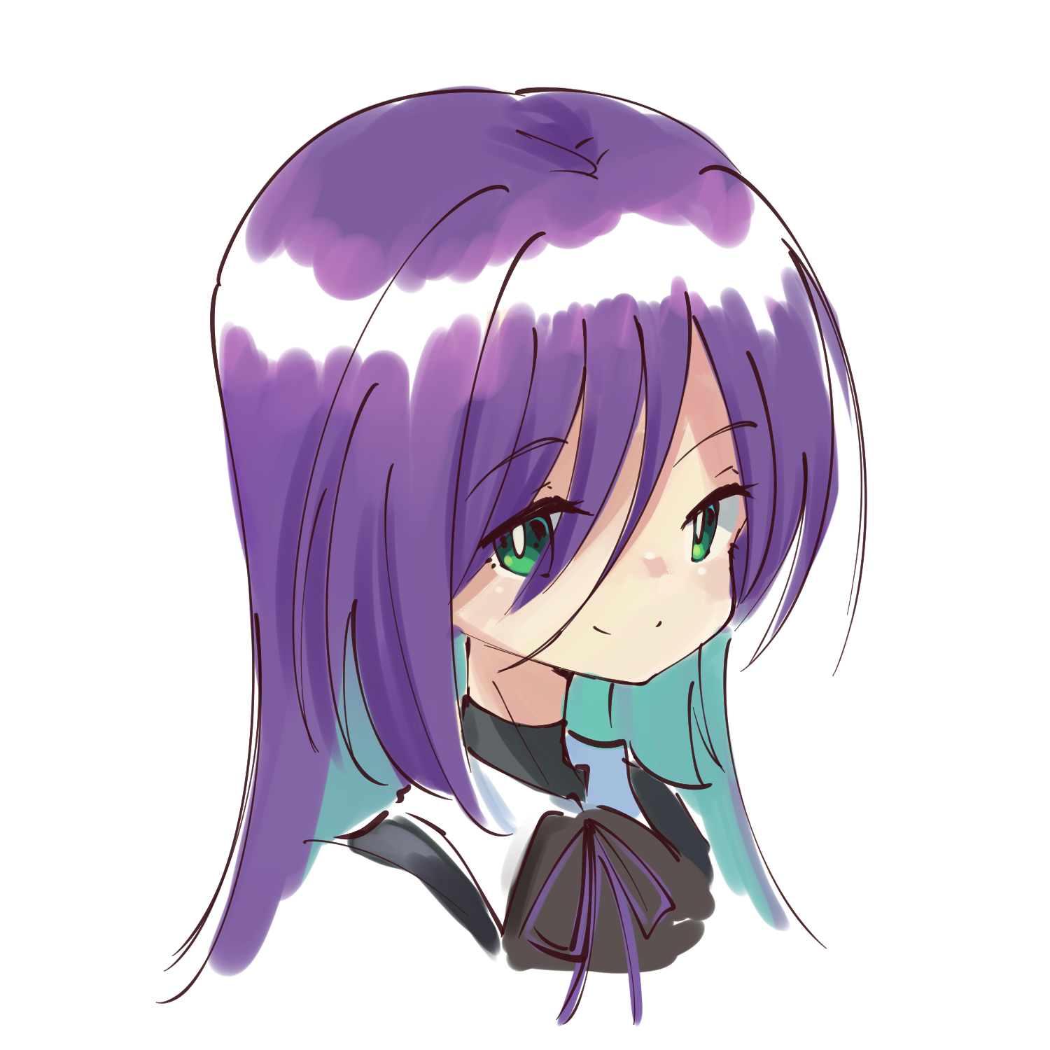 teisuu, maki wakana, assault lily, highres, 1girl, aqua hair, black shirt, bright pupils, closed mouth, colored inner hair, cropped shirt, green eyes, hair between eyes, long bangs, long hair, looking at viewer, multicolored hair, neck ribbon, portrait, purple hair, purple ribbon, ribbon, shirt, sideways glance, simple background, smile, solo, two-tone hair, white background, white pupils