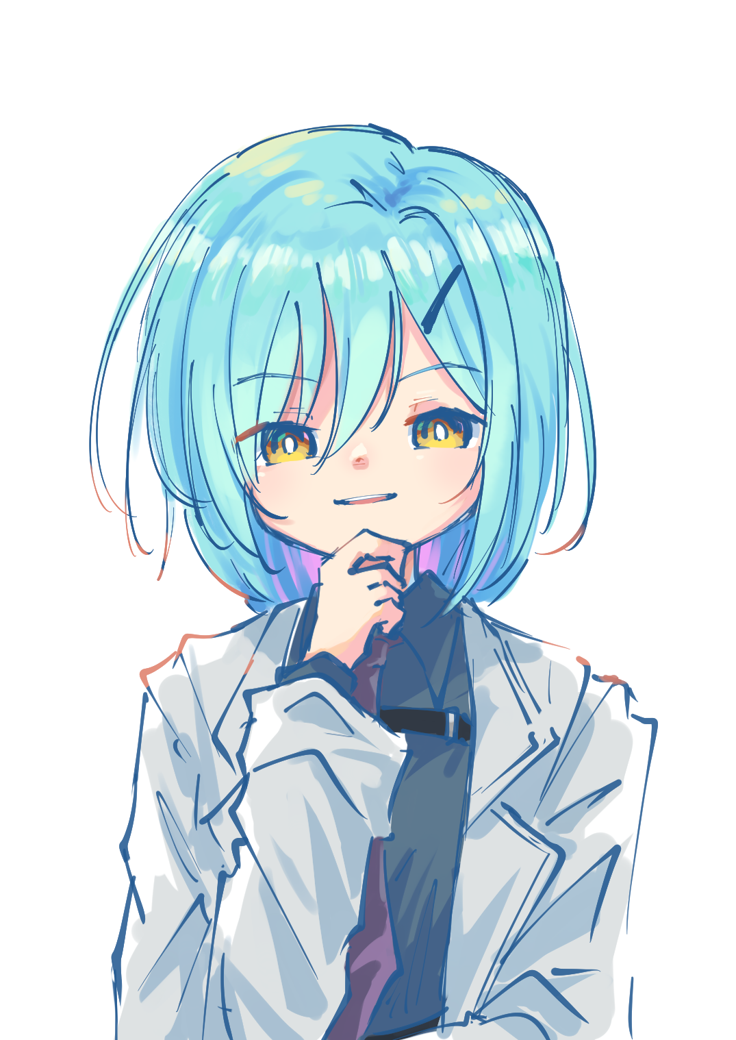 teisuu, assault lily, commentary request, highres, 1girl, aqua hair, black shirt, blue hair, bright pupils, collared shirt, hair between eyes, hair ornament, hairclip, hand on own chin, hands up, jacket, long sleeves, looking at viewer, multicolored hair, necktie, open clothes, open jacket, parted lips, purple hair, purple necktie, sano ouka, shirt, simple background, solo, teeth, upper body, upper teeth only, white background, white jacket, white pupils, yellow eyes