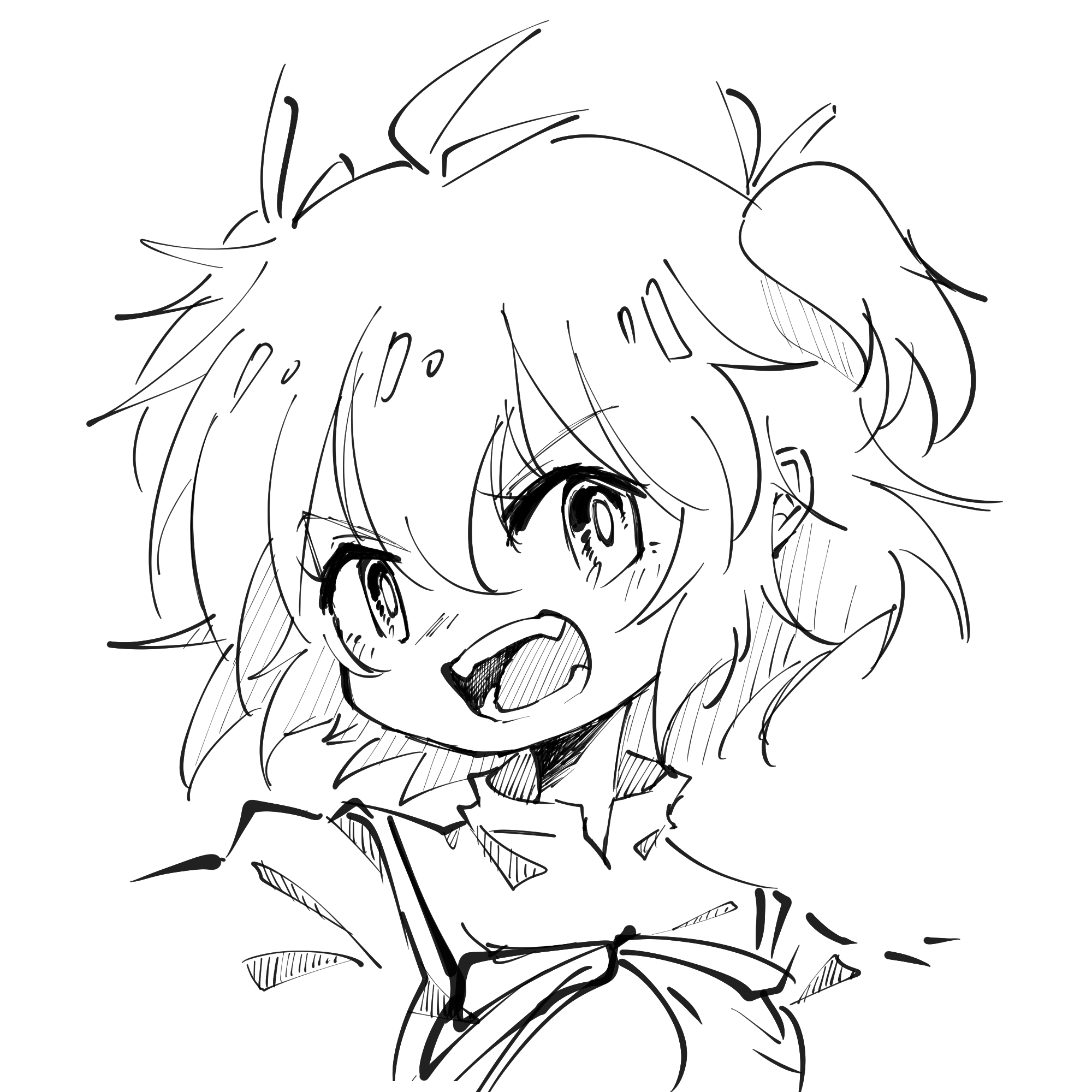 teisuu, yoshimura thi mai, assault lily, commentary request, highres, 1girl, angry, antenna hair, black ribbon, cropped shirt, fangs, greyscale, hair between eyes, hair ribbon, looking at viewer, monochrome, neck ribbon, open mouth, portrait, ribbon, school uniform, short hair, simple background, solo, two side up, v-shaped eyebrows, white background, yurigaoka girls academy school uniform
