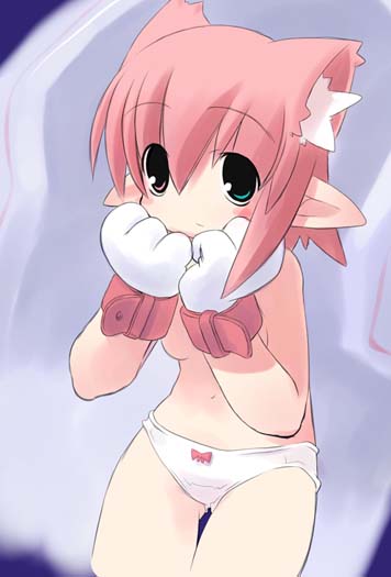 original, 1girl, animal ears, bow, bow panties, dog ears, female focus, gloves, green eyes, panties, pink hair, pointy ears, sitting, solo, thigh gap, thighs, topless female, underwear, underwear only, white panties