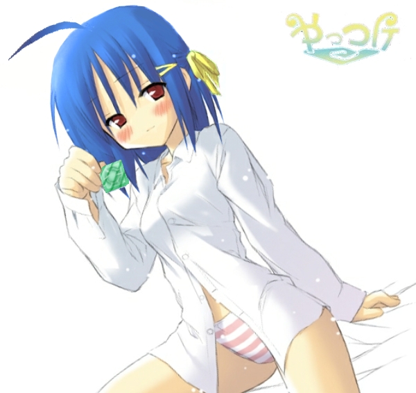 third-party edit, 1girl, ahoge, blue hair, blush, condom, dress shirt, female focus, holding, holding condom, panties, red eyes, red panties, shirt, short hair, sitting, solo, striped clothes, striped panties, underwear
