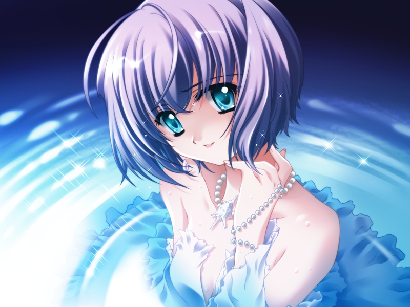 carnelian, sugiyama genshou, sia (quilt), quilt (game), light purple hair, game cg, 1girl, aqua eyes, bare shoulders, beads, blue eyes, bracelet, breasts, cleavage, dress, female focus, frilled dress, frills, from above, head tilt, jewelry, layered dress, light smile, looking at viewer, necklace, parted lips, pearl necklace, purple hair, short hair, small breasts, smile, solo, sparkle, strapless, strapless dress, water, wet, white dress