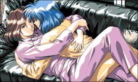fermion, pc98, game cg, lowres, 2girls, multiple girls, pajamas, pc-98 (style), yuri