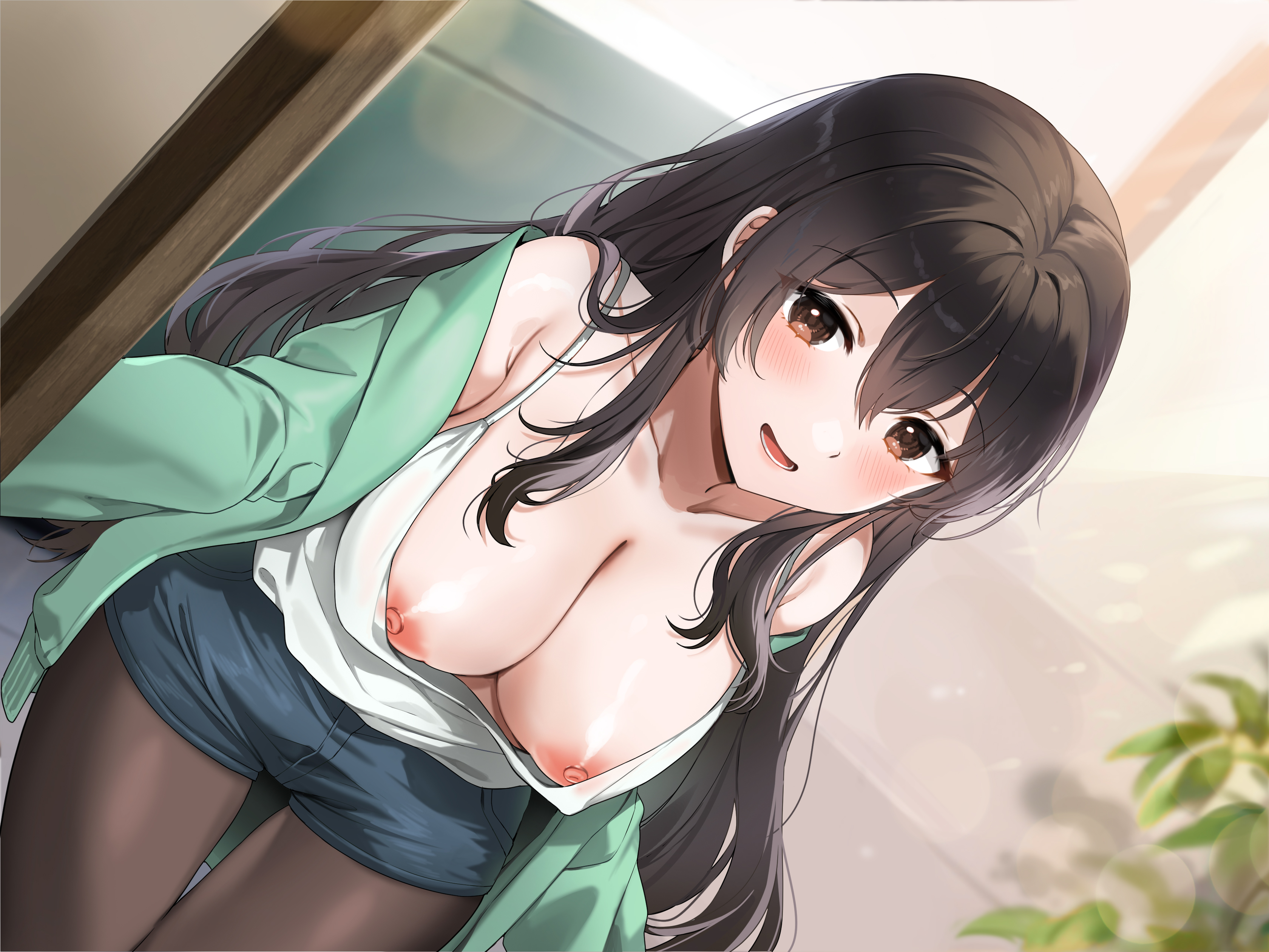 gijang, original, absurdres, highres, non-web source, 1girl, black hair, blue shorts, blurry, blush, breasts, brown eyes, camisole, cleavage, collarbone, denim, denim shorts, depth of field, doorway, dutch angle, green jacket, hair between eyes, jacket, large breasts, leaf, long hair, long sleeves, looking at viewer, nipples, no bra, open mouth, pantyhose, pantyhose under shorts, short shorts, shorts, sidelocks, smile, solo, standing, white camisole