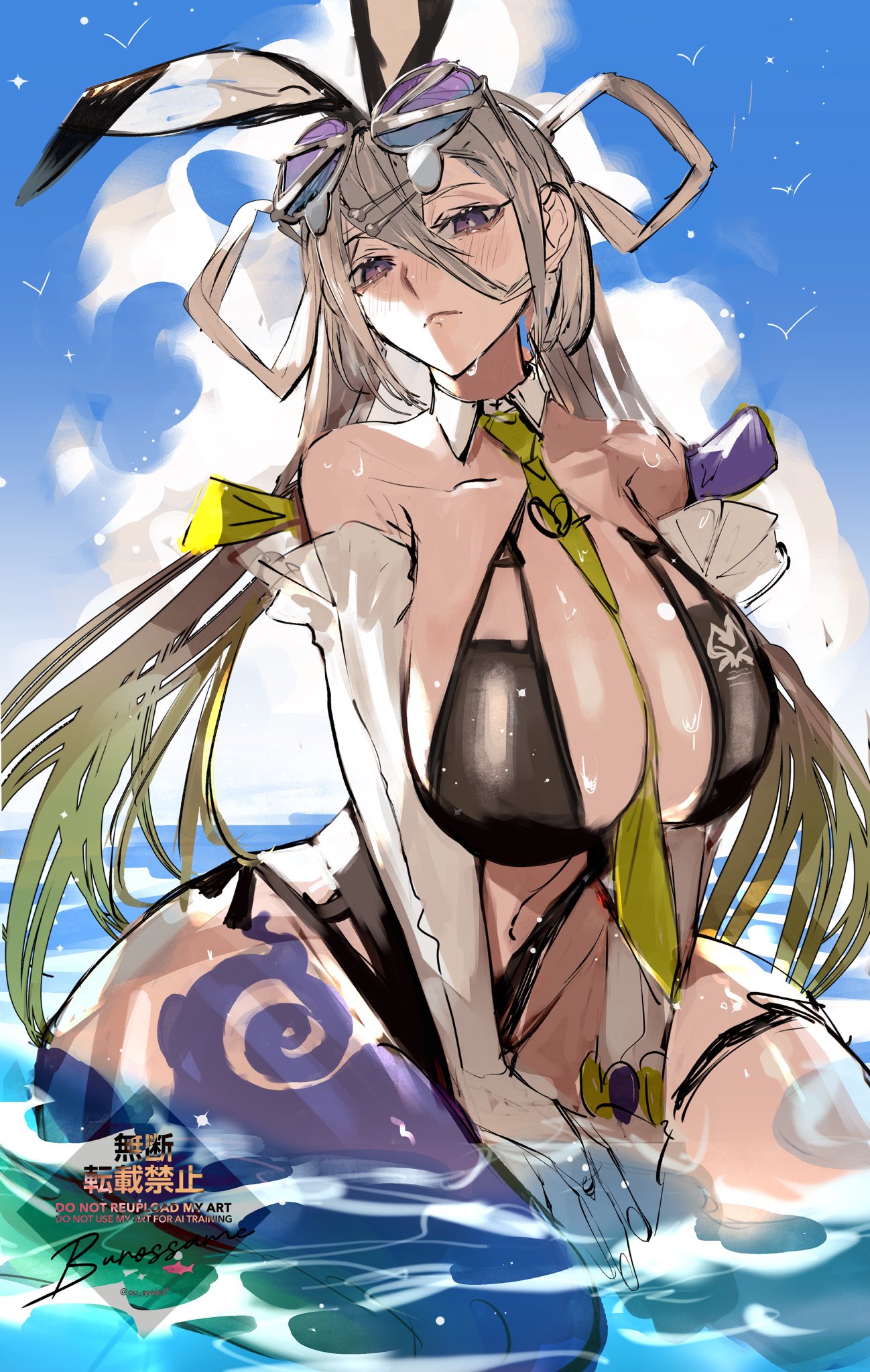 ou syoku7, huyan zhuo (fate), fate/grand order, fate (series), highres, 1girl, animal ears, bare shoulders, black one-piece swimsuit, blue sky, breasts, cleavage, detached collar, detached sleeves, eyewear on head, fake animal ears, grey hair, hair between eyes, hair ornament, hair rings, hairclip, highleg, highleg one-piece swimsuit, huyan zhuo (swimsuit berserker) (fate), large breasts, long hair, looking at viewer, low twintails, navel, necktie, ocean, one-piece swimsuit, plunging neckline, purple eyes, sky, solo, sunglasses, swimsuit, thigh strap, thighs, twintails, very long hair