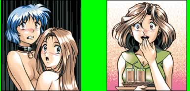 fermion, pc98, game cg, lowres, 3girls, blue hair, blush, brown hair, caught, collar, multiple girls, padlock, padlocked collar, pc-98 (style), walk-in, yuri