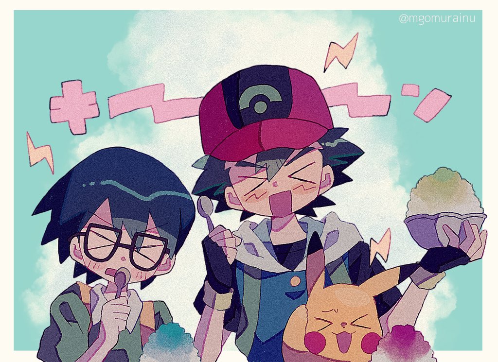 mgomurainu, ash ketchum, max (pokemon), pikachu, nintendo, pokemon, pokemon (anime), pokemon rse (anime), 2boys, backpack, bag, baseball cap, black gloves, black hair, blush, brain freeze, closed eyes, eating, fingerless gloves, food, gen 1 pokemon, glasses, gloves, green shirt, hat, holding, holding spoon, jacket, male focus, multiple boys, open mouth, pokemon (creature), red hat, shaved ice, shirt, short hair, short sleeves, spoon, upper body
