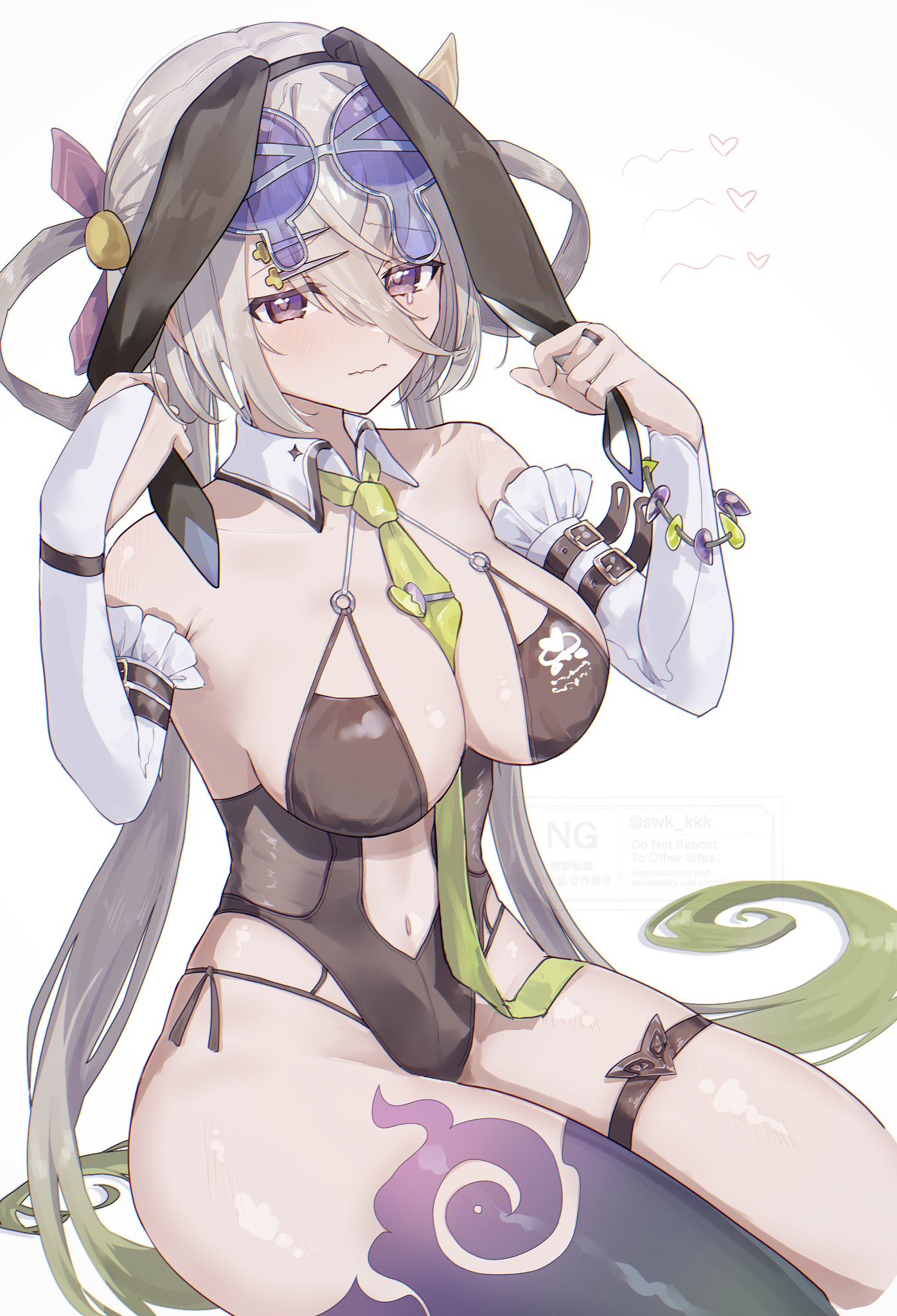 suwa (swk kkk), huyan zhuo (fate), fate/grand order, fate (series), highres, 1girl, animal ears, bare shoulders, black one-piece swimsuit, breasts, cleavage, detached collar, detached sleeves, eyewear on head, fake animal ears, grey eyes, grey hair, hair between eyes, hair ornament, hair rings, hairclip, highleg, highleg one-piece swimsuit, huyan zhuo (swimsuit berserker) (fate), large breasts, long hair, looking at viewer, low twintails, navel, necktie, one-piece swimsuit, plunging neckline, solo, sunglasses, swimsuit, tearing up, thigh strap, thighs, twintails, very long hair