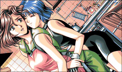 fermion, pc98, game cg, 2girls, 4bpp, apron, blue hair, bob cut, dutch angle, indoors, multiple girls, pc-98 (style), smile, spandex, yuri