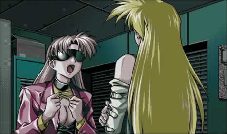 fermion, pc98, game cg, lowres, 2girls, blindfold, multiple girls, pc-98 (style), yuri