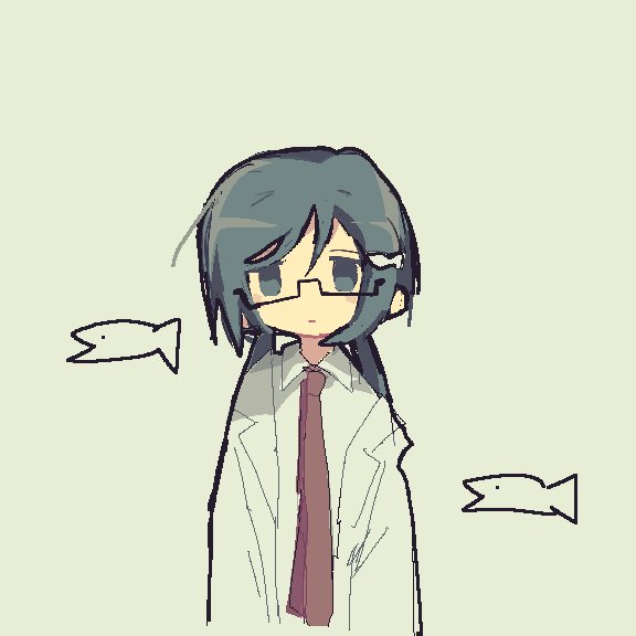 waunqnrl, tsukishima mina, tsukishima shijima's sister, shimeji simulation, 1girl, arms at sides, black eyes, black hair, closed mouth, expressionless, fish, fish hair ornament, fish hairpin, grey background, hair between eyes, hair ornament, hairpin, lab coat, long hair, looking at viewer, necktie, red necktie, solo, twintails, upper body