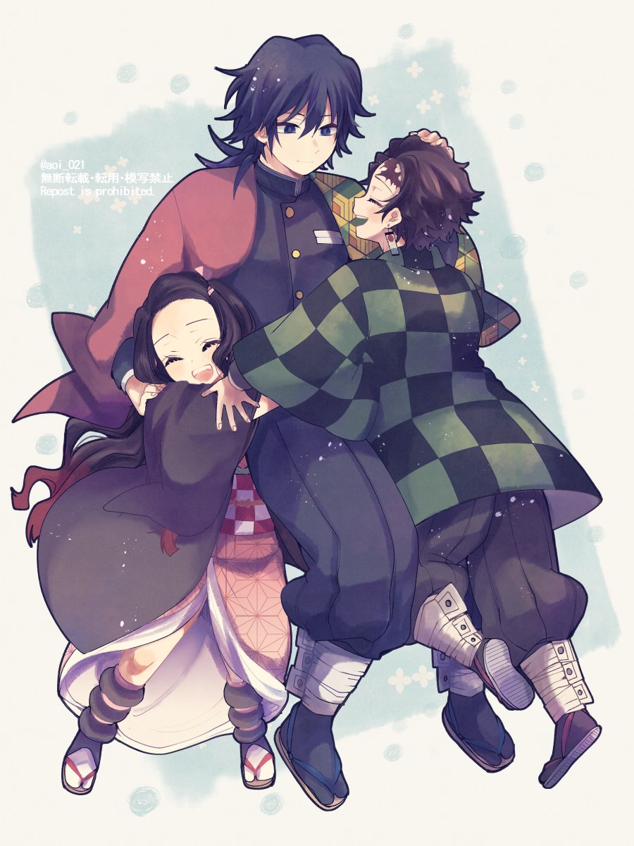 aoi choko (aoichoco), kamado nezuko, kamado tanjirou, tomioka giyuu, kimetsu no yaiba, highres, 1girl, 2boys, back, black hair, black jacket, black pants, blue eyes, brown hair, buttons, closed mouth, demon slayer uniform, full body, haori, hug, jacket, japanese clothes, kimono, long hair, low ponytail, multiple boys, open mouth, pants, pink kimono, ponytail, sandals, short hair, smile, teeth, twitter username, upper teeth only