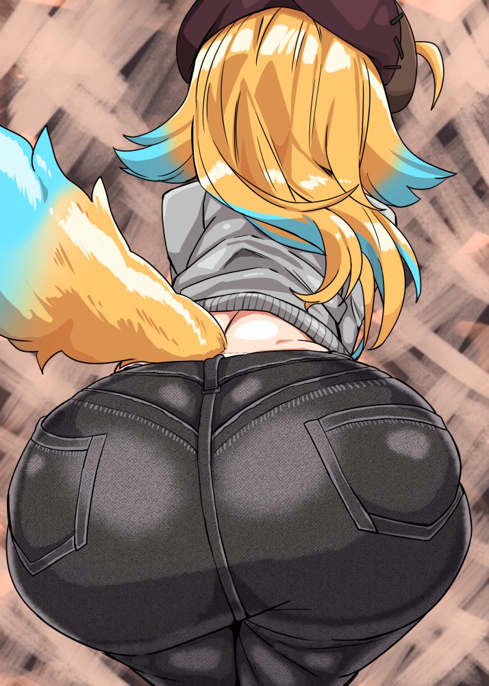 kanikama, shitagai nora, shinsougumi, photo-referenced, 1girl, ahoge, ass, black pants, blonde hair, blue hair, brown hat, dog tail, from behind, gradient hair, gradient tail, grey shirt, hat, long hair, multicolored hair, pants, pocket, shirt, solo, streaked hair, tail
