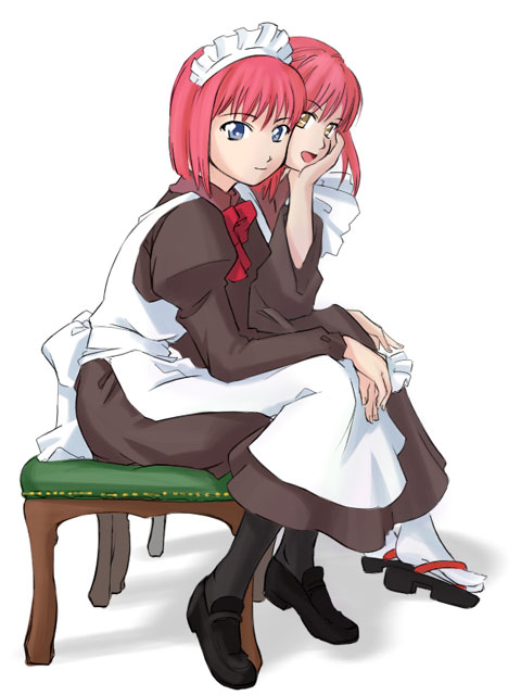 takahashi ren, hisui (tsukihime), kohaku (tsukihime), tsukihime, black legwear, white legwear, 00s, 2girls, blue eyes, bow, bowtie, brown dress, brown eyes, dress, from side, head rest, loafers, long sleeves, maid, maid headdress, multiple girls, pantyhose, pink hair, sandals, shoes, siblings, simple background, sisters, sitting, twins, white background, zouri