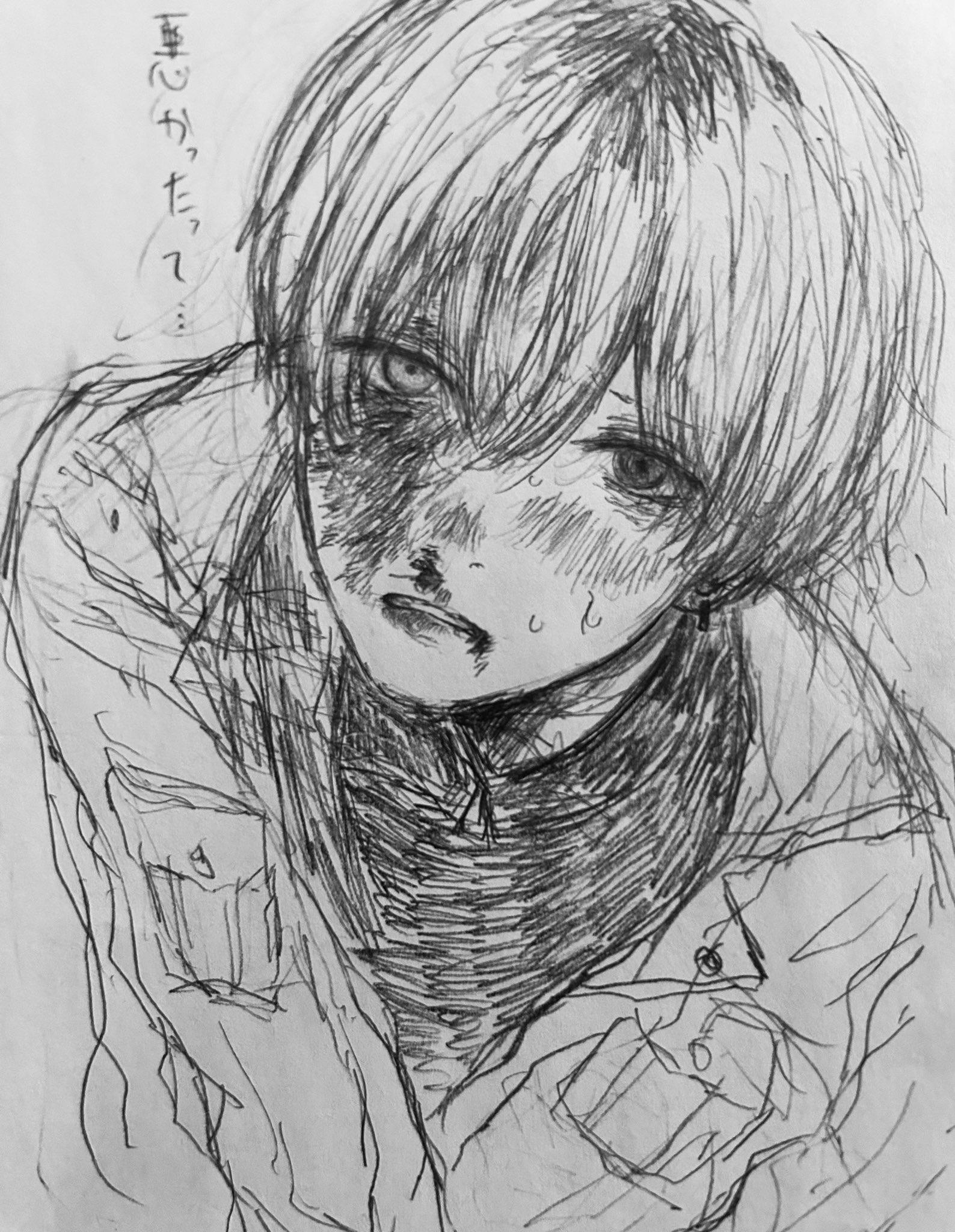 original, graphite (medium), highres, traditional media, 1boy, anrhrhr, blood, bruise, bruise on face, bruised eye, heterochromia, implied violence, injury, looking up, male focus, nosebleed, reverse ryona, sweat