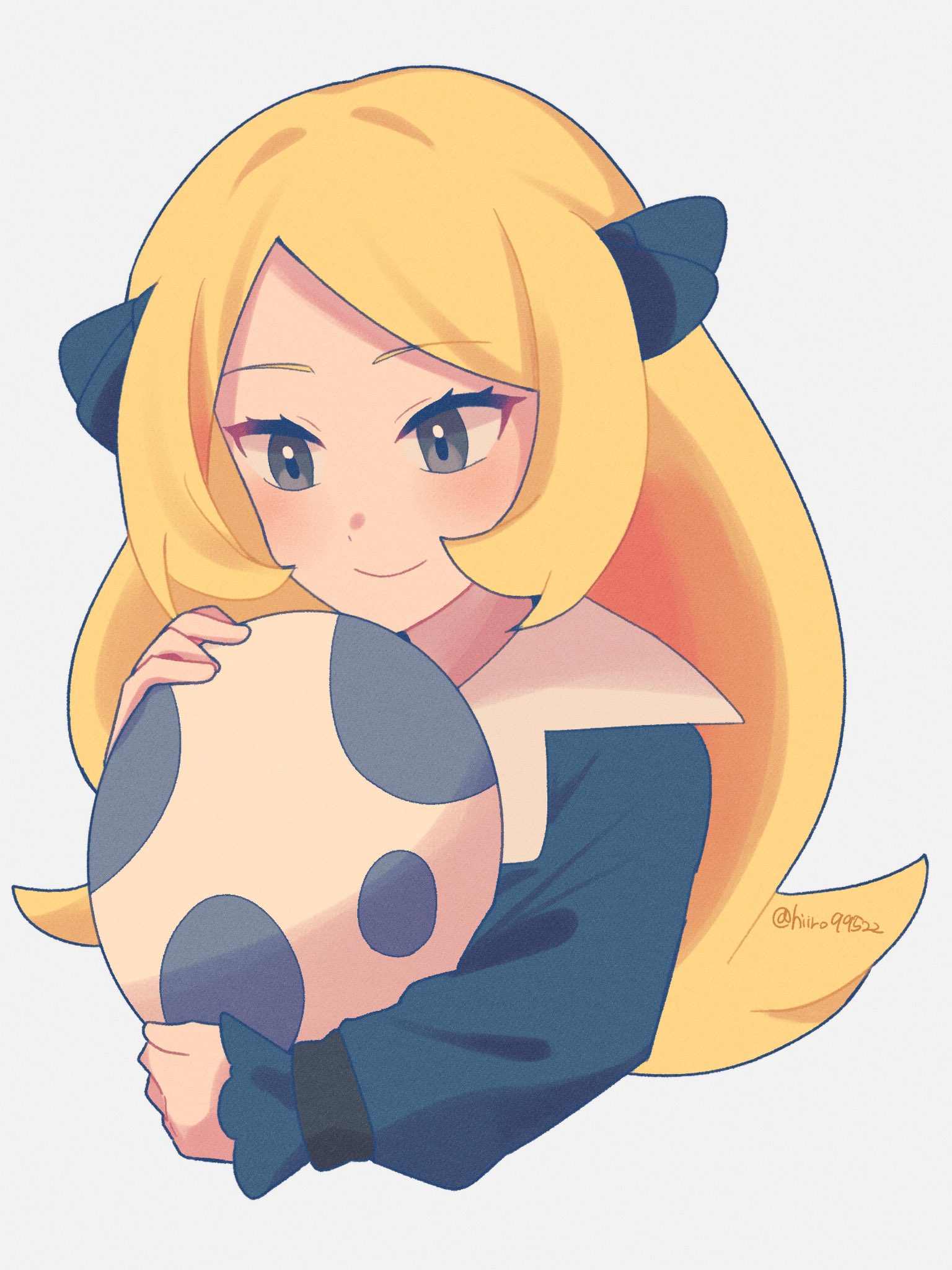 hiiro99522, cynthia (pokemon), nintendo, pokemon, pokemon dppt, highres, 1girl, aged down, blonde hair, blue dress, blush, closed mouth, dress, egg, grey eyes, hair ornament, holding, long hair, long sleeves, pokemon egg, simple background, smile, solo, upper body