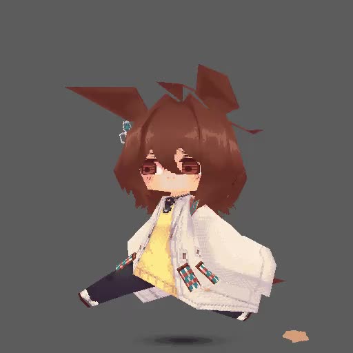 esukevi, agnes tachyon (umamusume), umamusume, animated, tagme, video, 1girl, 3d, chibi, coat, grey background, running, sleeves past fingers, sleeves past wrists, solo, white coat