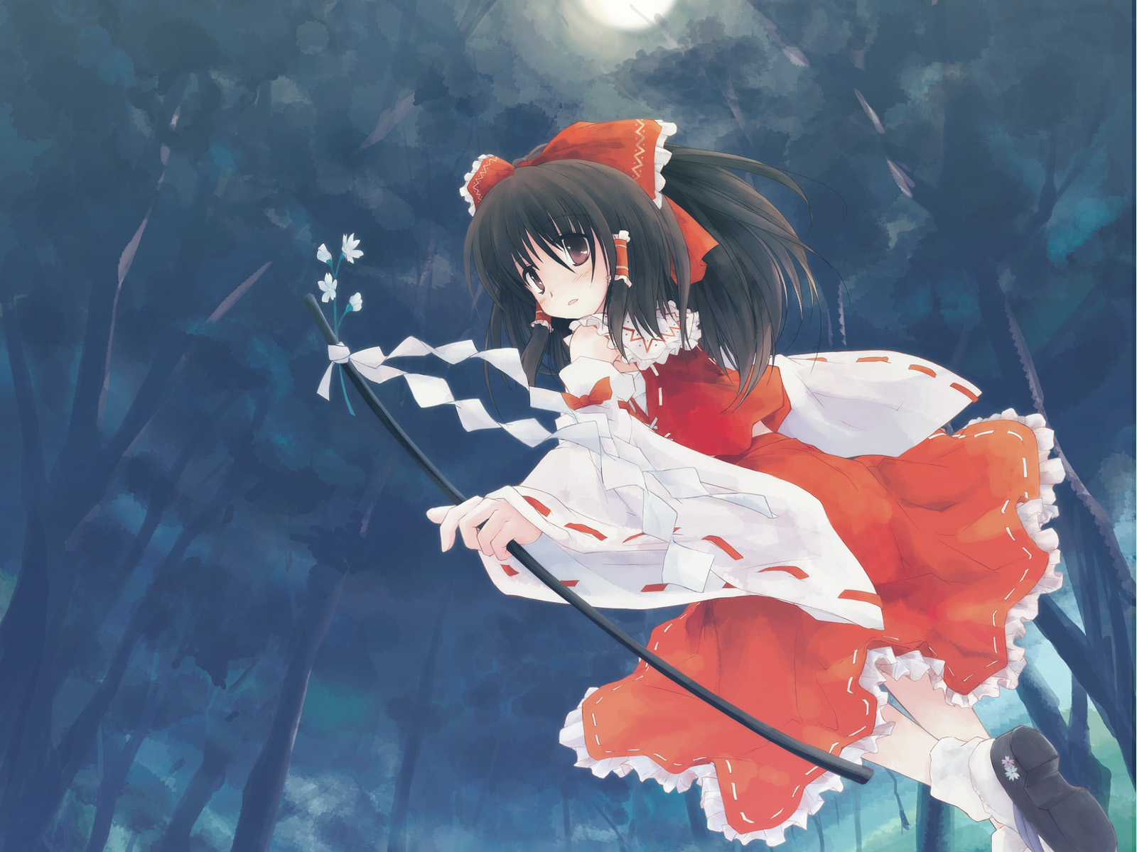 yukitarou (awamori), hakurei reimu, touhou, highres, 1girl, bow, brown hair, detached sleeves, female focus, forest, from behind, full moon, gohei, hair tubes, long sleeves, looking back, moon, nature, night, oonusa, open mouth, shirt, socks, solo