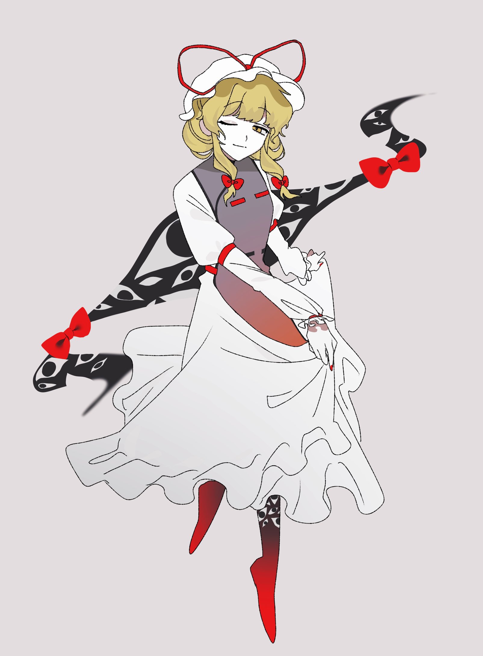 toho suimei, yakumo yukari, touhou, highres, 1girl, blonde hair, dress, full body, gap (touhou), grey background, hair ribbon, hat, light smile, long sleeves, looking at viewer, mob cap, nail polish, one eye closed, purple tabard, red nails, ribbon, skirt hold, solo, tabard, white dress, yellow eyes