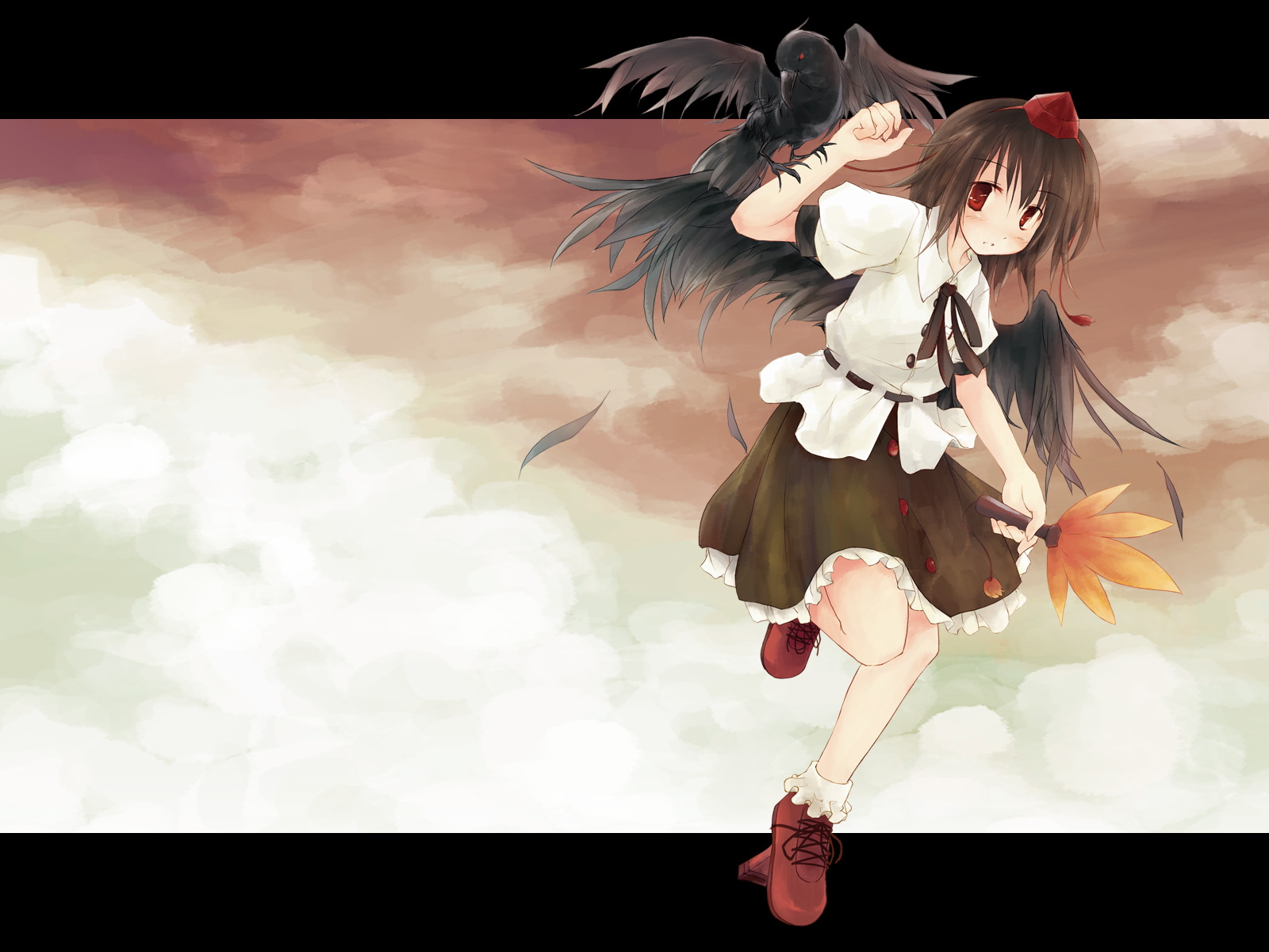 yukitarou (awamori), shameimaru aya, touhou, highres, 1girl, animal on arm, bird, bird on arm, black wings, blush, crow, female focus, geta, hat, looking at viewer, ribbon, skirt, solo, tengu-geta, tokin hat, wings