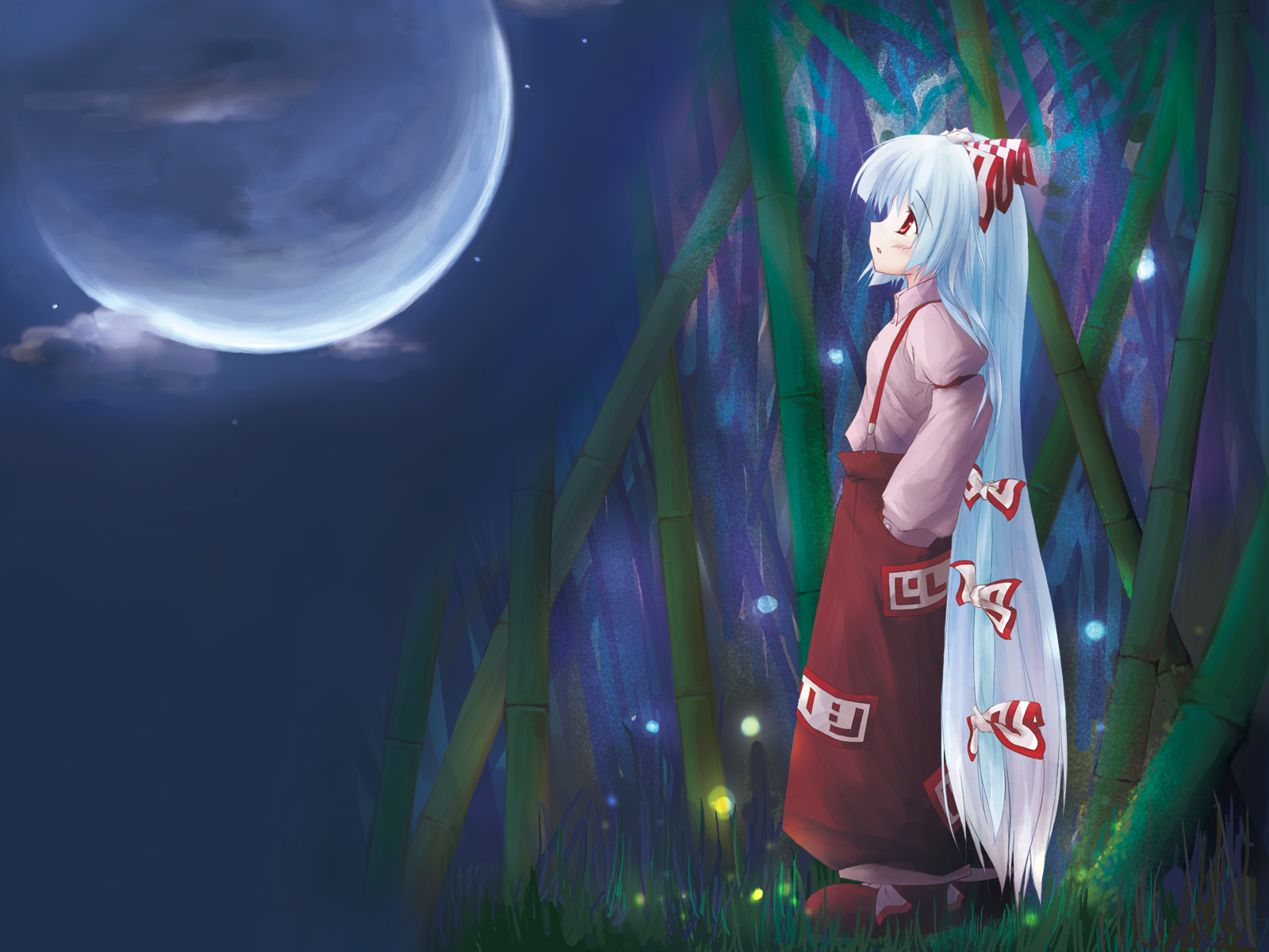 yukitarou (awamori), yuuki tatsuya, fujiwara no mokou, touhou, highres, 1girl, bamboo, bamboo forest, cloud, crescent moon, female focus, fireflies, forest, grass, hand in pocket, long hair, looking up, moon, nature, open mouth, profile, red eyes, solo, star (sky), suspenders, white hair