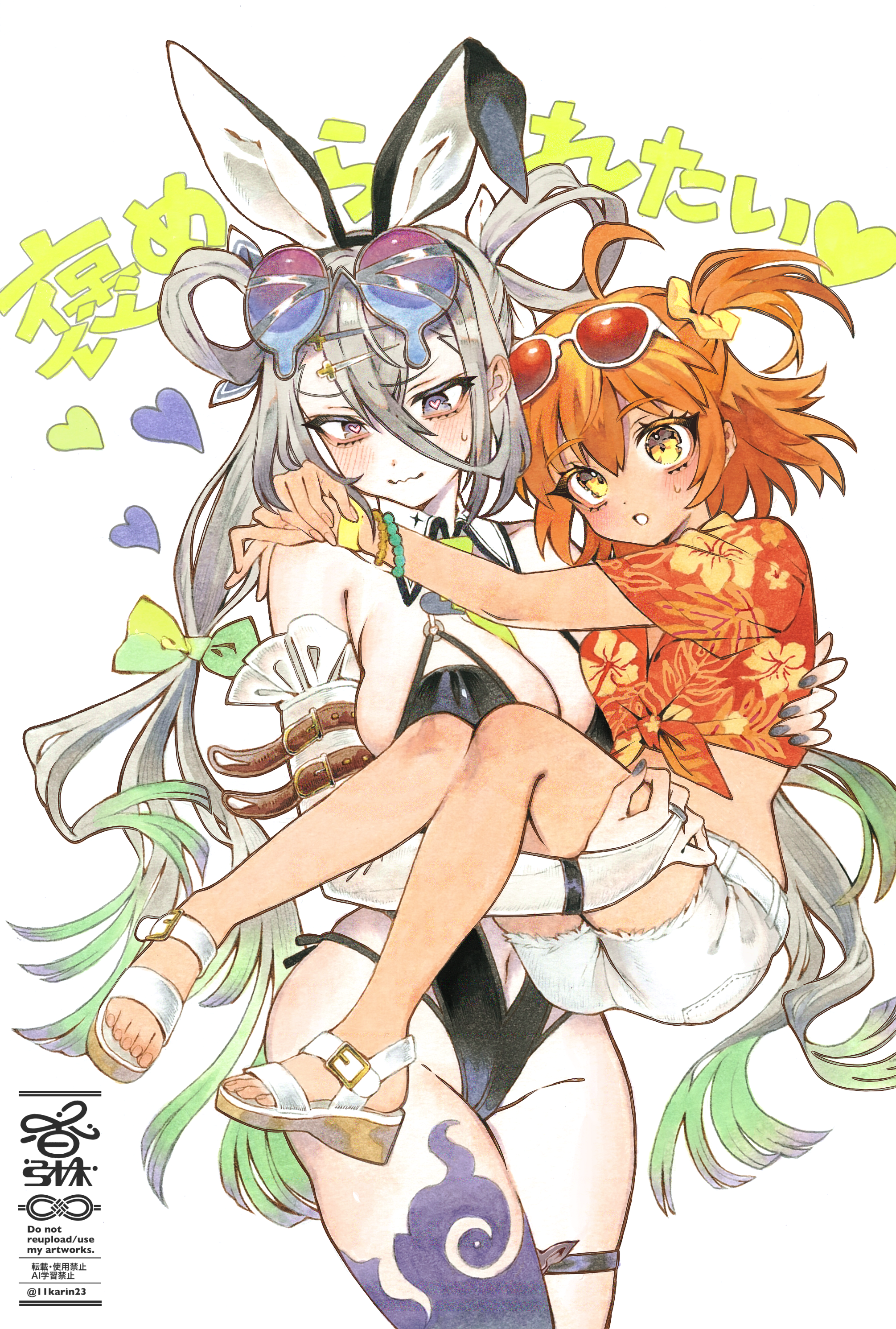 karin (salmonosushi), fujimaru ritsuka (female), fujimaru ritsuka (female) (tropical summer), huyan zhuo (fate), fate/grand order, fate (series), absurdres, highres, marker (medium), traditional media, 2girls, ahoge, animal ears, black one-piece swimsuit, blush, bracelet, breasts, carrying, eyewear on head, grey hair, hawaiian shirt, heart, heart-shaped pupils, huyan zhuo (swimsuit berserker) (fate), jewelry, large breasts, long hair, multiple girls, navel, one-piece swimsuit, one side up, orange eyes, orange hair, princess carry, purple eyes, sandals, shirt, sunglasses, swimsuit, symbol-shaped pupils, tan, wavy mouth