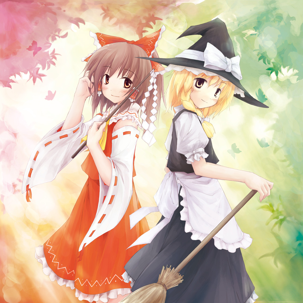 yukitarou (awamori), hakurei reimu, kirisame marisa, touhou, highres, 2girls, apron, back-to-back, blonde hair, blush, bow, braid, broom, brown hair, bug, butterfly, colorful, detached sleeves, female focus, gohei, hair bow, hat, multiple girls, orange eyes, smile, sunlight, waist apron, witch hat, yellow eyes