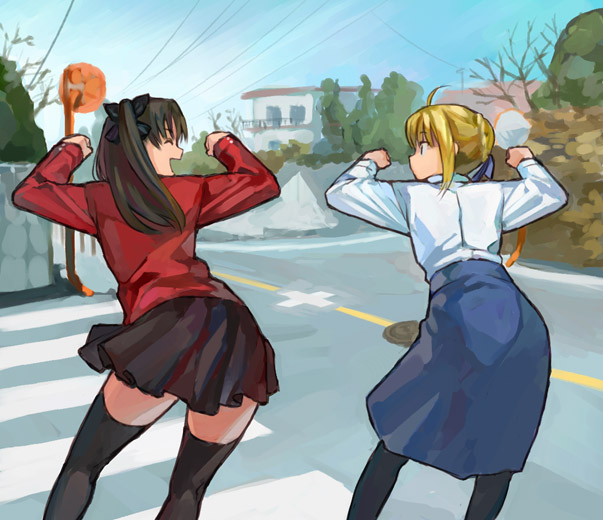b suke, artoria pendragon (fate), saber (fate), tohsaka rin, blood+, fate/stay night, fate (series), black legwear, duplicate, 2girls, ass, blonde hair, multiple girls, pantyhose, parody, skirt, thighhighs, turtleneck