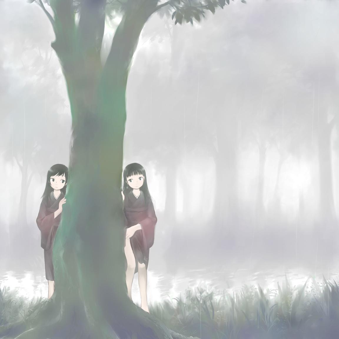 kashmir, aya (mushishi), ito (mushishi), mushishi, 2girls, black eyes, black hair, fog, grass, japanese clothes, kimono, long hair, looking at viewer, multiple girls, nature, outdoors, plant, pond, sash, smile, standing, tree, under tree, water