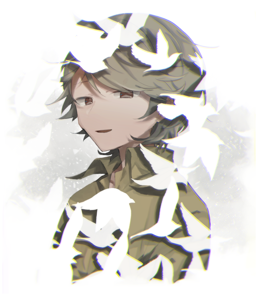komagusa, gamon yuuta, occultic;nine, science adventure, tagme, 1boy, brown eyes, brown hair, collarbone, green hair, green shirt, male focus, narrowed eyes, open collar, open mouth, shirt, short hair, simple background, smile, solo, upper body, white background