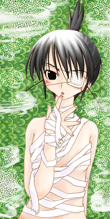 ogiue chika, genshiken, tagme, 00s, arm behind back, bandages, eyepatch, kegadoru, solo, topknot
