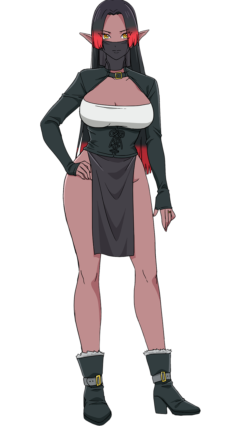hitozuma no kuchibiru wa kan chuuhai no aji ga shite, highres, official art, 1girl, anime coloring, bare hips, bare legs, black choker, black hair, boots, breasts, choker, cleavage, colored tips, dark-skinned female, dark elf, dark skin, elf, eyes visible through hair, full body, fur-trimmed boots, fur trim, gradient hair, groin, hand on own hip, high heel boots, high heels, large breasts, long sleeves, looking at viewer, mouth veil, multicolored hair, pelvic curtain, pointy ears, red hair, solo, standing, symphis mutoh, tachi-e, thick thighs, thighs, transparent background, tsurime, veil, yellow eyes