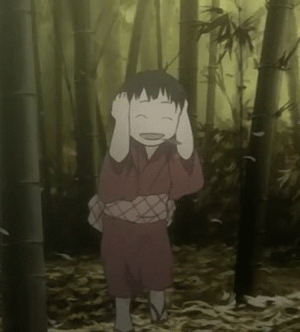 mushishi, animated, animated gif, anime screenshot, lowres, child, fall, happy, japanese clothes, male focus, playing, smile, solo, spinning