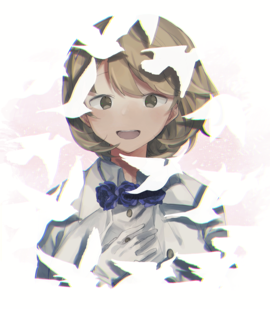 komagusa, narusawa ryouka, occultic;nine, science adventure, 1girl, :d, brown eyes, brown hair, coat, collared shirt, dress shirt, hair between eyes, hair ornament, happy, heart, heart hair ornament, high-waist skirt, looking at viewer, miniskirt, open mouth, shirt, short hair, simple background, skirt, smile, solo, teeth, tongue, upper body, upper teeth only, white background, white coat, white shirt