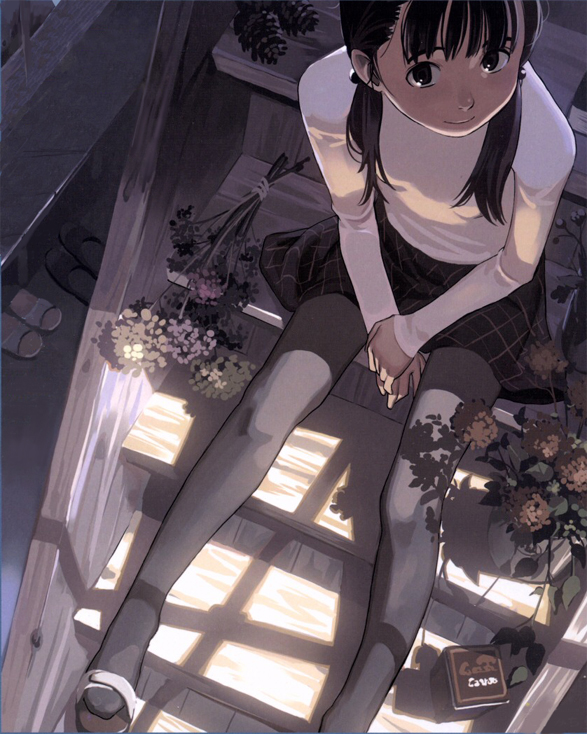 takamichi, original, 1girl, between thighs, black eyes, black hair, bouquet, box, female focus, flat chest, flower, hair bobbles, hair ornament, legs, pantyhose, plaid clothes, plaid skirt, plant, potted plant, sandals, shade, shoe dangle, sitting, sitting on stairs, skirt, solo, stairs, sunlight, twintails, v arms