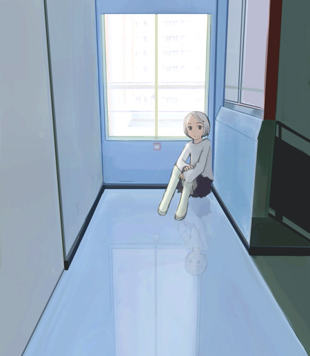 original, 1girl, female focus, hallway, indoors, reflection, reflective floor, short hair, solo, white hair, window