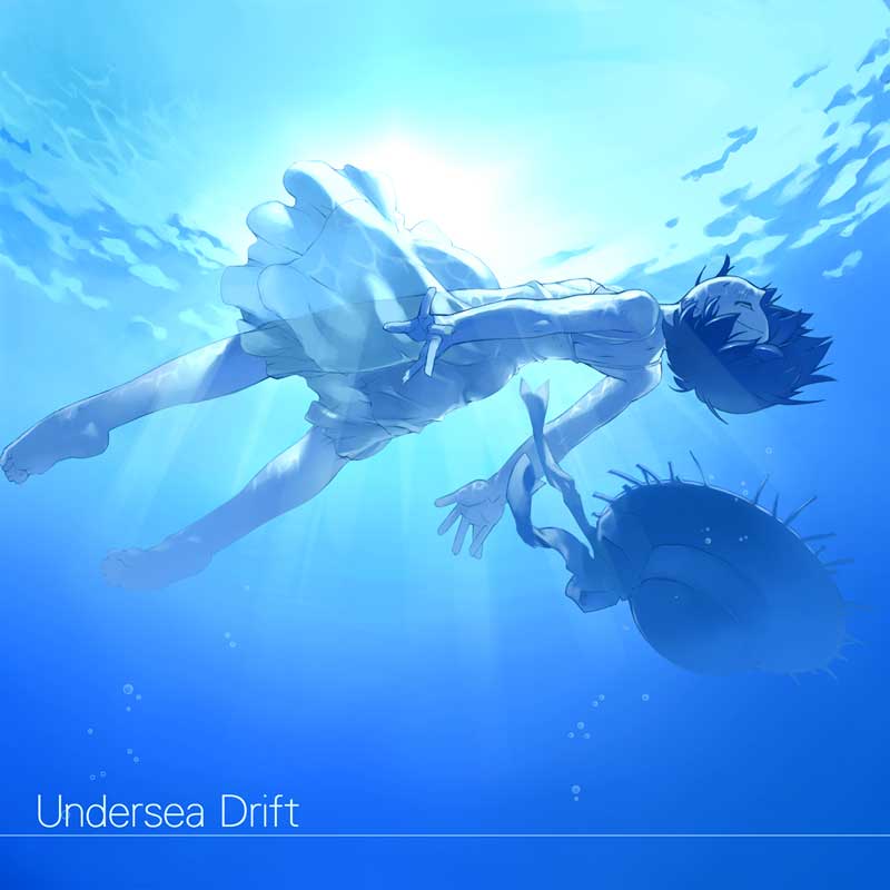 original, 1girl, afloat, barefoot, blue theme, closed eyes, dress, english text, female focus, from below, full body, hat, hat ribbon, plantar flexion, ribbon, see-through clothes, see-through silhouette, short hair, skinny, skirt, sleeveless, sleeveless dress, slender, solo, sundress, underwater, unworn hat, unworn headwear, water, wet, wet clothes, white dress, white skirt