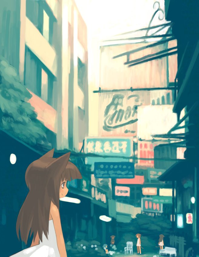 kusaka kokage, 1girl, animal ears, brown hair, cat ears, cat tail, city, day, dress, female focus, long hair, short hair, smile, solo, sundress, tail