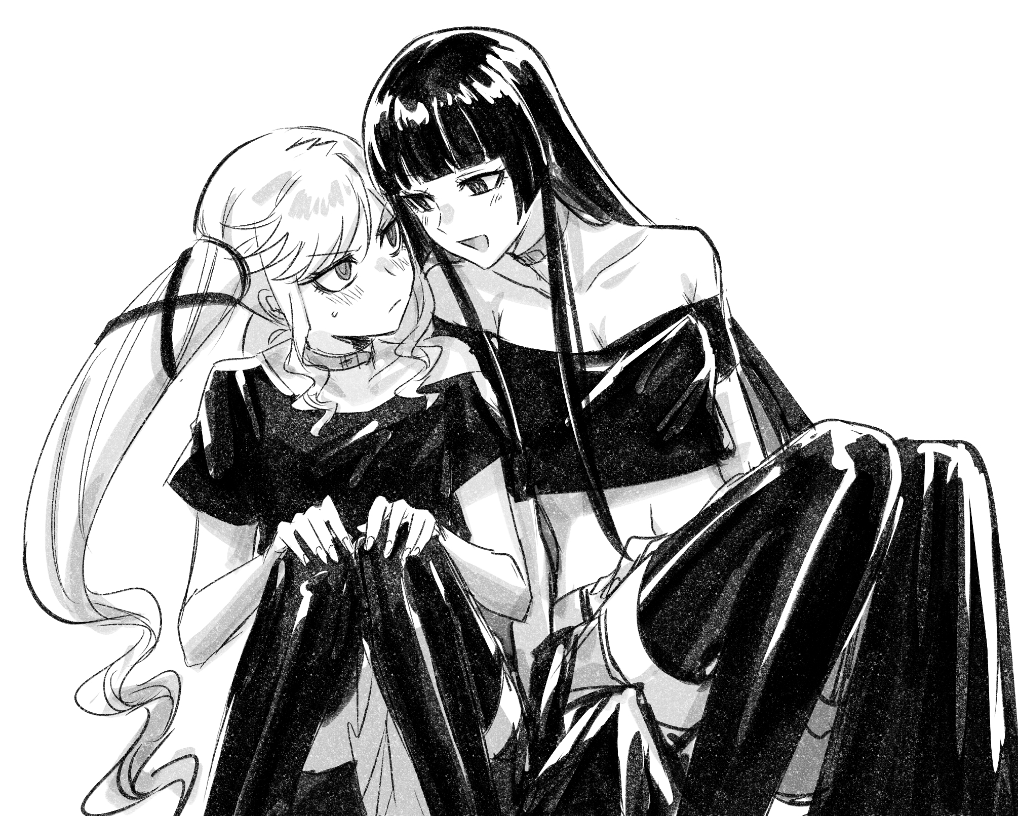 aoki shizumi, kurogane otoha, suzunomiya lilisa, rock wa lady no tashinami deshite, commentary request, highres, 2girls, blush, choker, closed mouth, greyscale, long hair, monochrome, multiple girls, off-shoulder shirt, off shoulder, open mouth, shirt, short sleeves, sitting, skirt, smile, sweatdrop, thighhighs, twintails, yuri