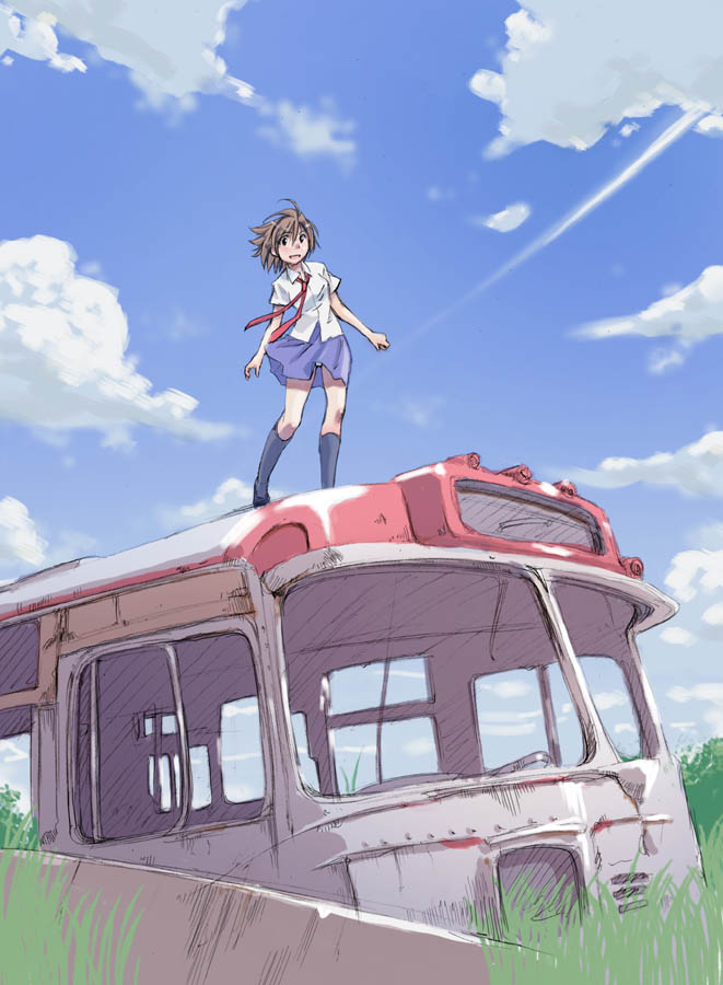 takeda sun, original, vehicle, md5 mismatch, 1girl, black shoes, black socks, brown hair, bus, cloud, day, female focus, grass, kneehighs, motor vehicle, necktie, school uniform, serafuku, shoes, short hair, sky, socks, solo, standing