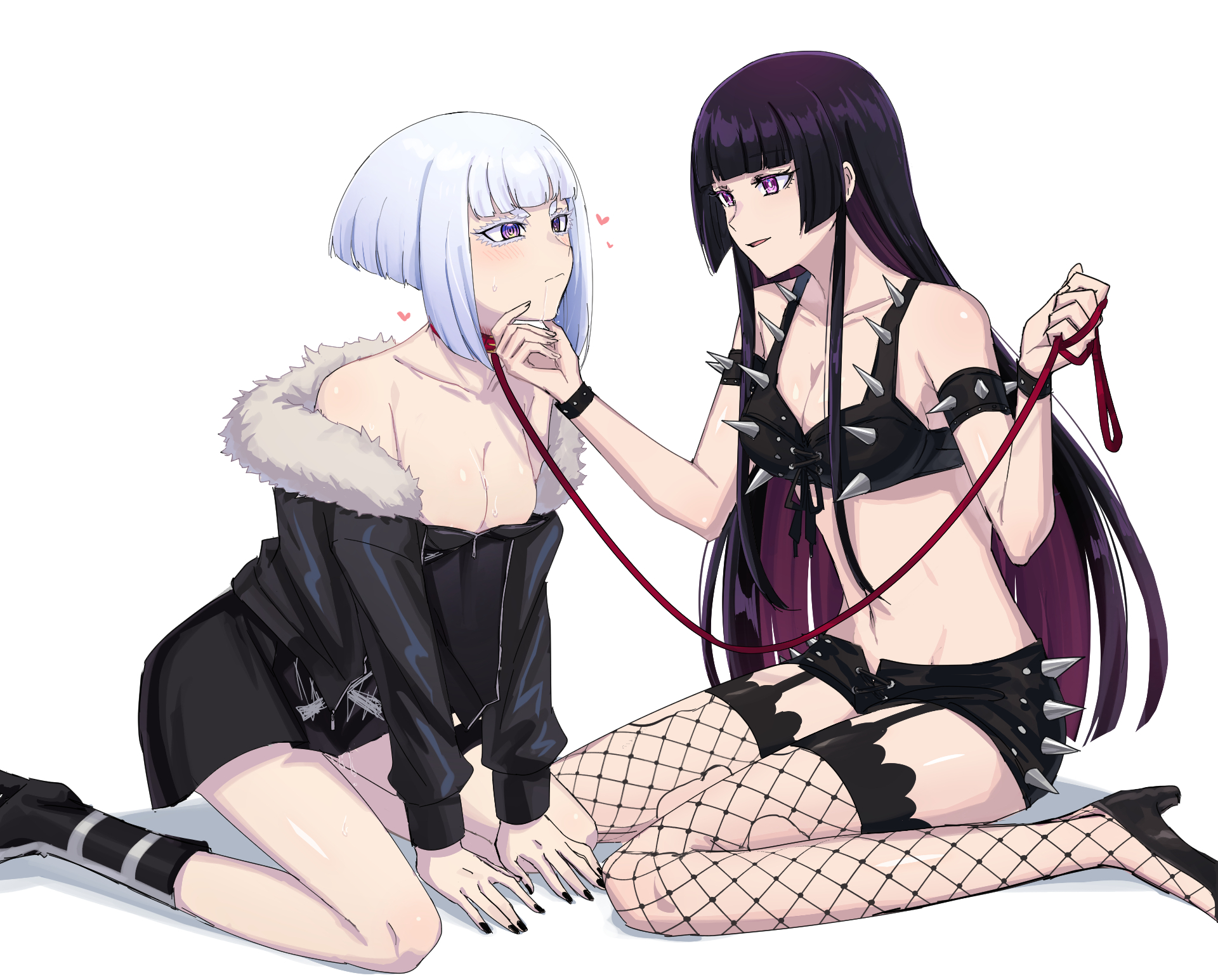 aoki shizumi, kurogane otoha, shiraya tamaki, rock wa lady no tashinami deshite, commentary request, highres, 2girls, bare shoulders, black hair, black jacket, black nails, breasts, cleavage, collar, colored inner hair, drooling, fishnet thighhighs, fishnets, fur-trimmed jacket, fur trim, garter straps, heart, holding, holding leash, jacket, large breasts, leash, long hair, looking at another, multicolored hair, multiple girls, parted lips, purple eyes, purple hair, ringed eyes, saliva, short hair, simple background, smile, spiked bra, spiked shorts, thighhighs, very long hair, white background, white hair, yuri