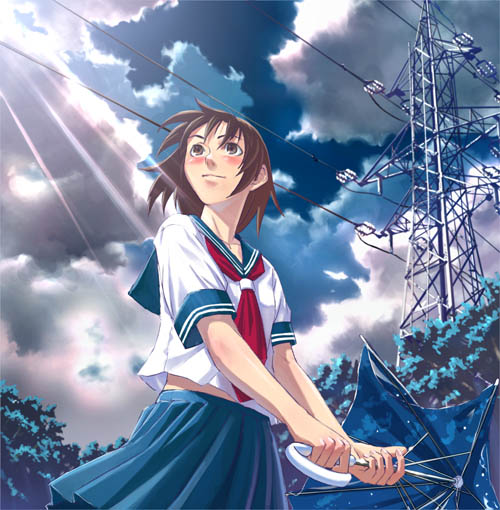 original, 1girl, blush, brown hair, cloud, day, female focus, looking afar, looking up, midriff, pleated skirt, power lines, school uniform, serafuku, skirt, sky, solo, sunlight, umbrella