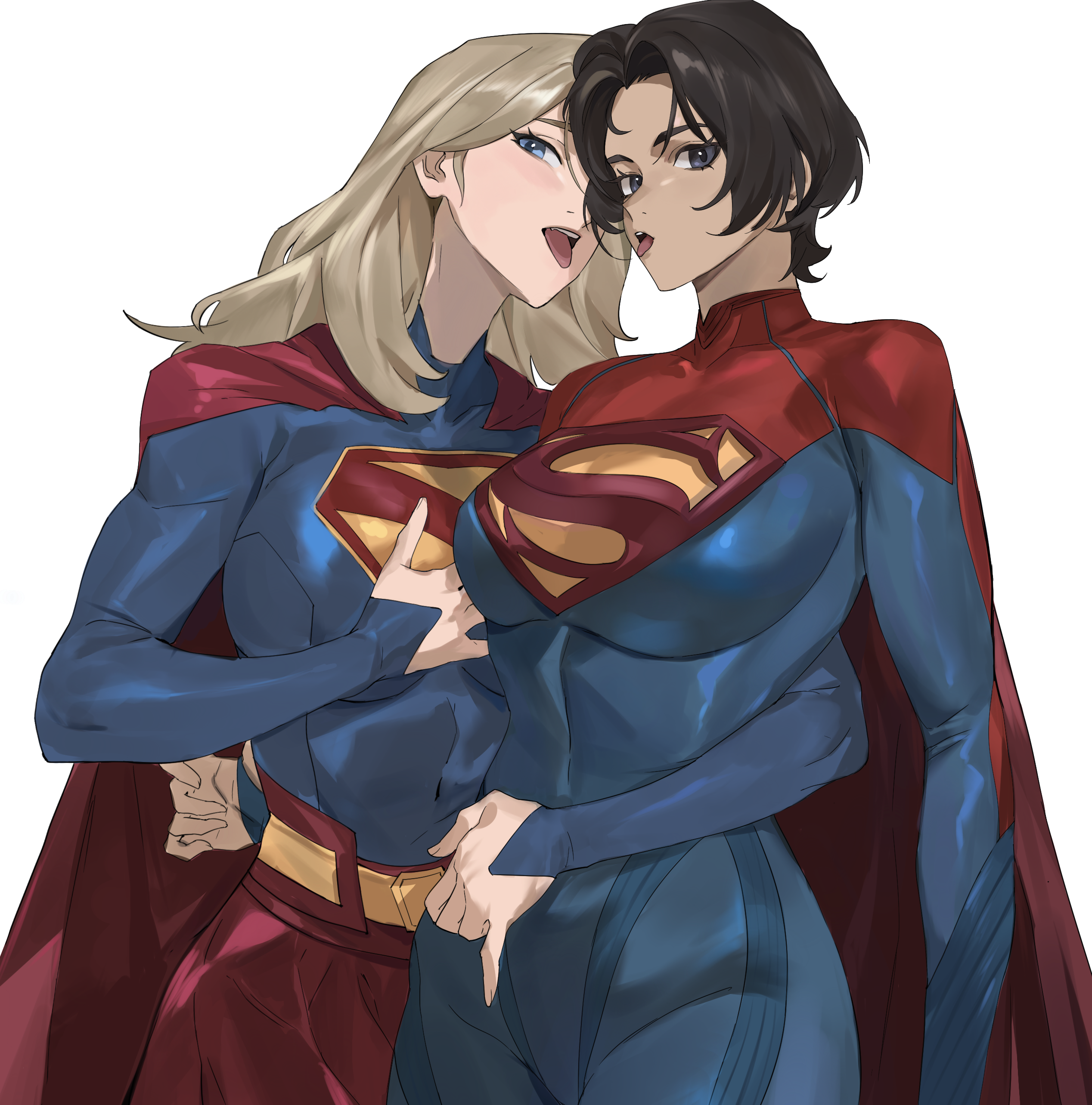 taiyang yu, supergirl, dc comics, dc extended universe, dc universe (franchise), superman (2025), superman (series), the flash (movie), absurdres, highres, revision, 2girls, arm around waist, black hair, blonde hair, blue bodysuit, bodysuit, cape, in-franchise crossover, looking at viewer, multiple girls, multiple persona, red cape, red skirt, skirt, superhero costume, tongue, tongue out, yuri